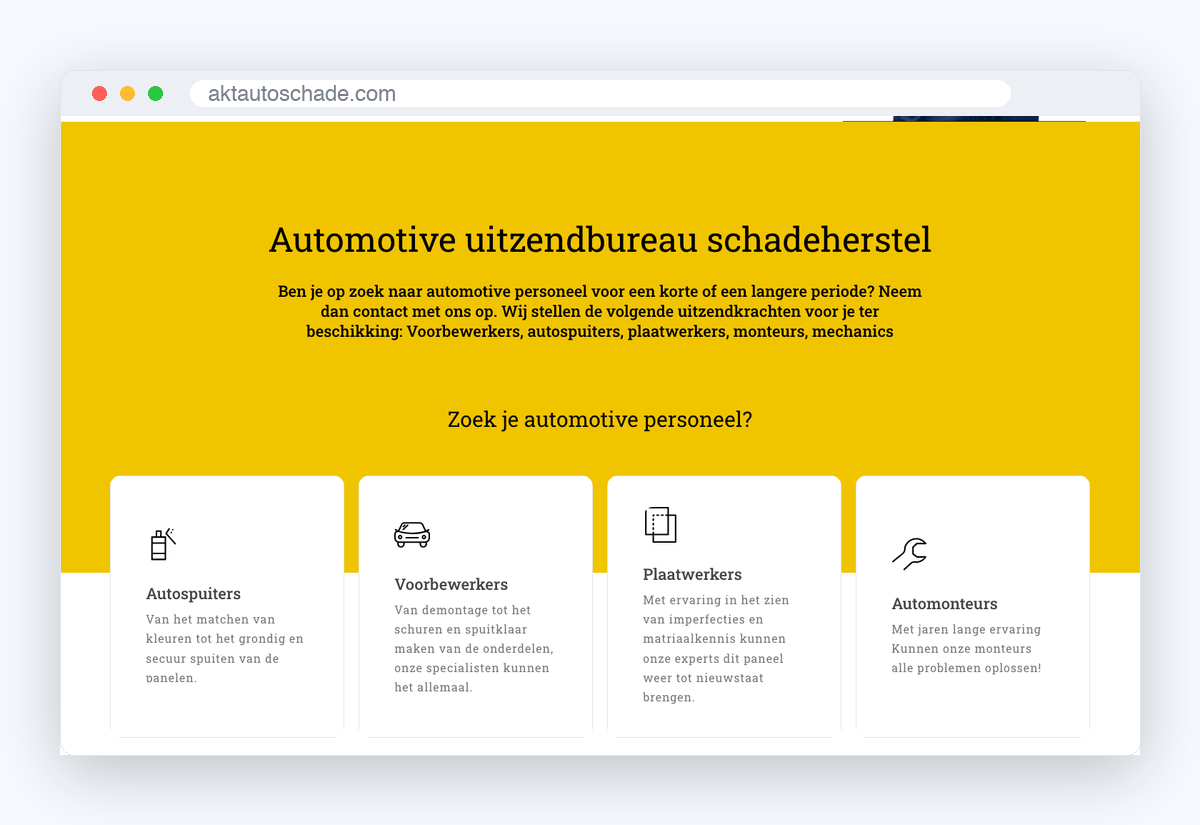 Website van AKT Autoschade, schermafbeelding uit de klantcase