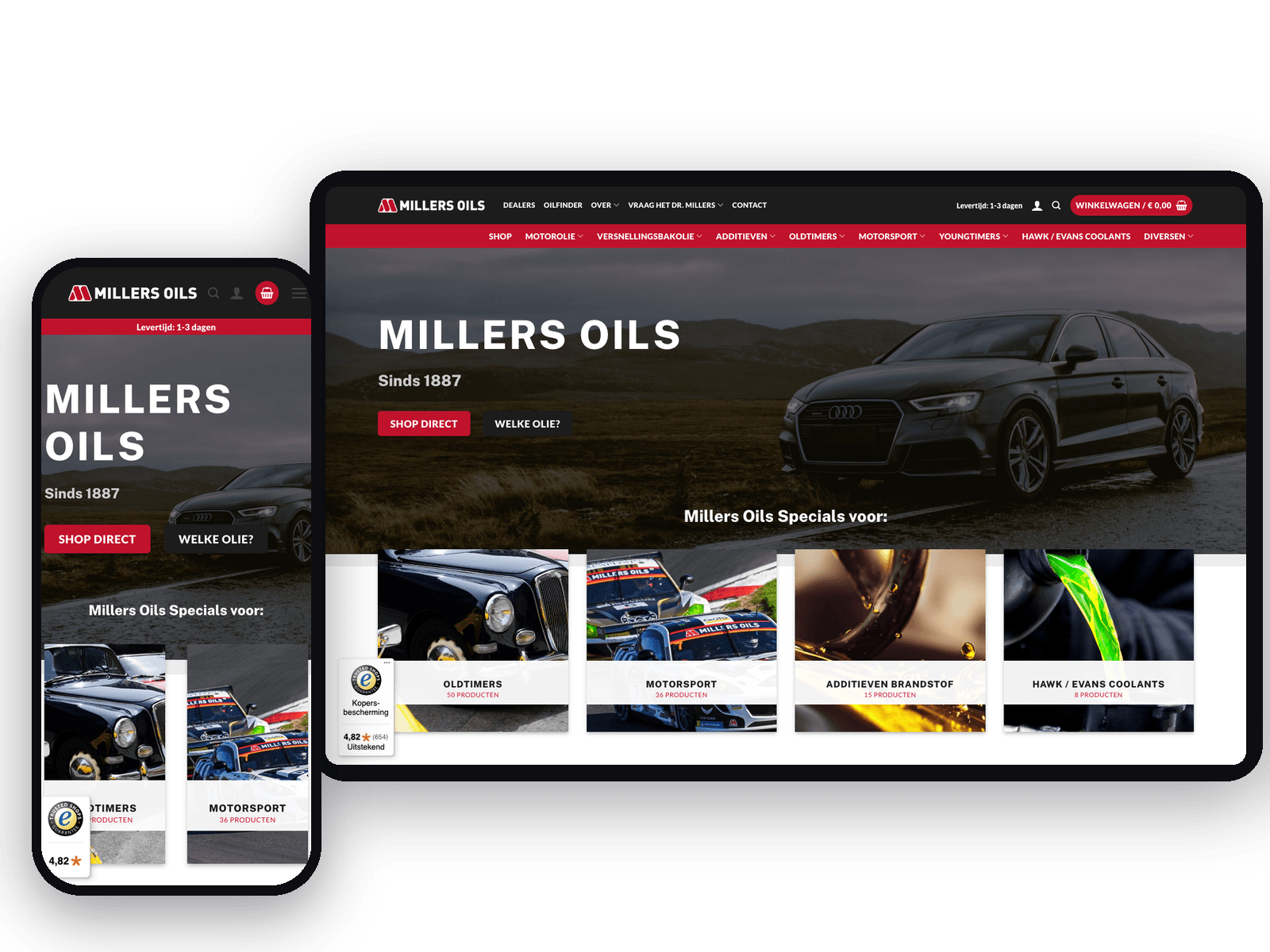 Website van Millers Oils, schermafbeelding uit de klantcase