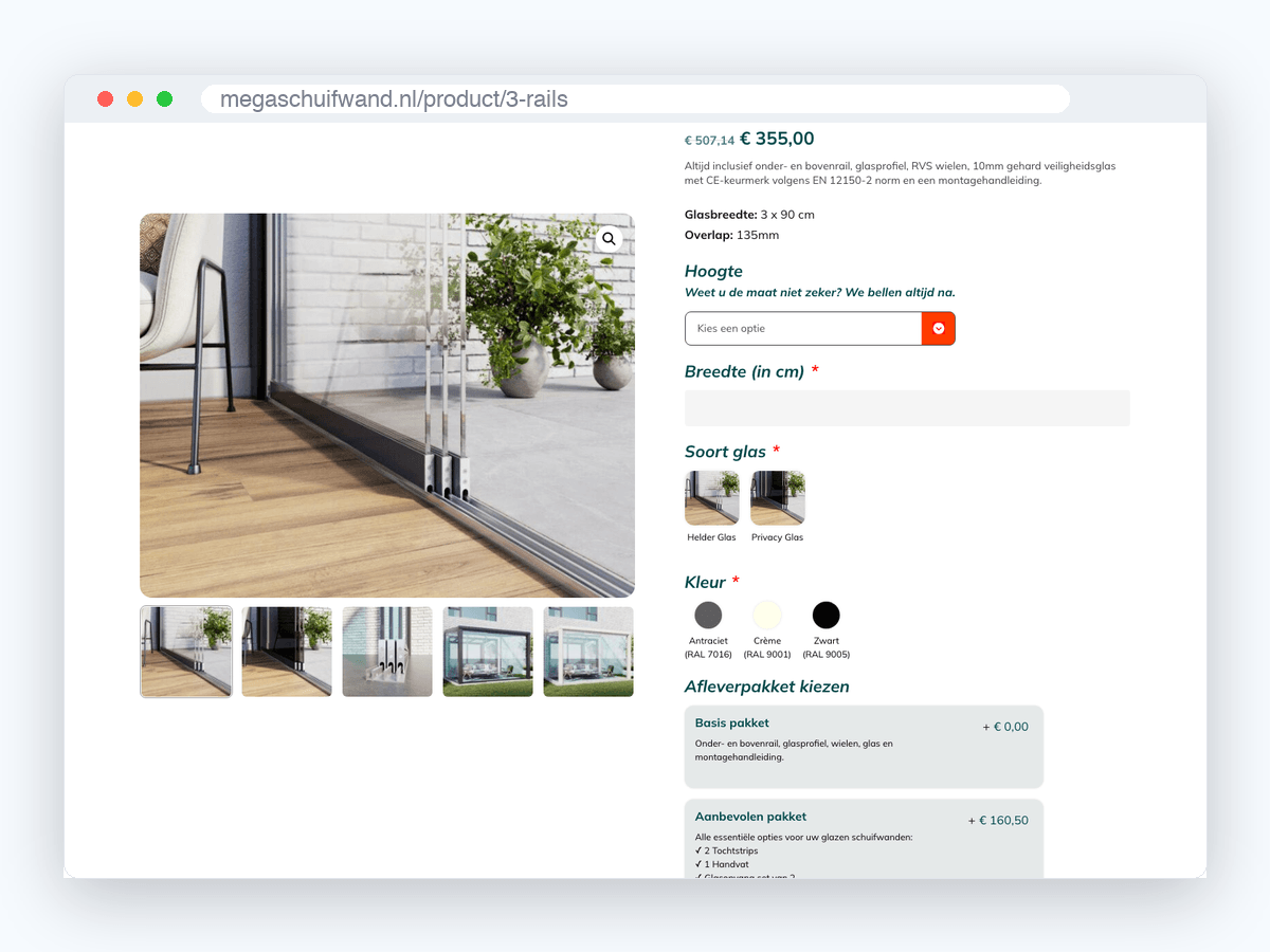 Productconfigurator van Megaschuifwand met hoogte, breedte, soort glas en kleur