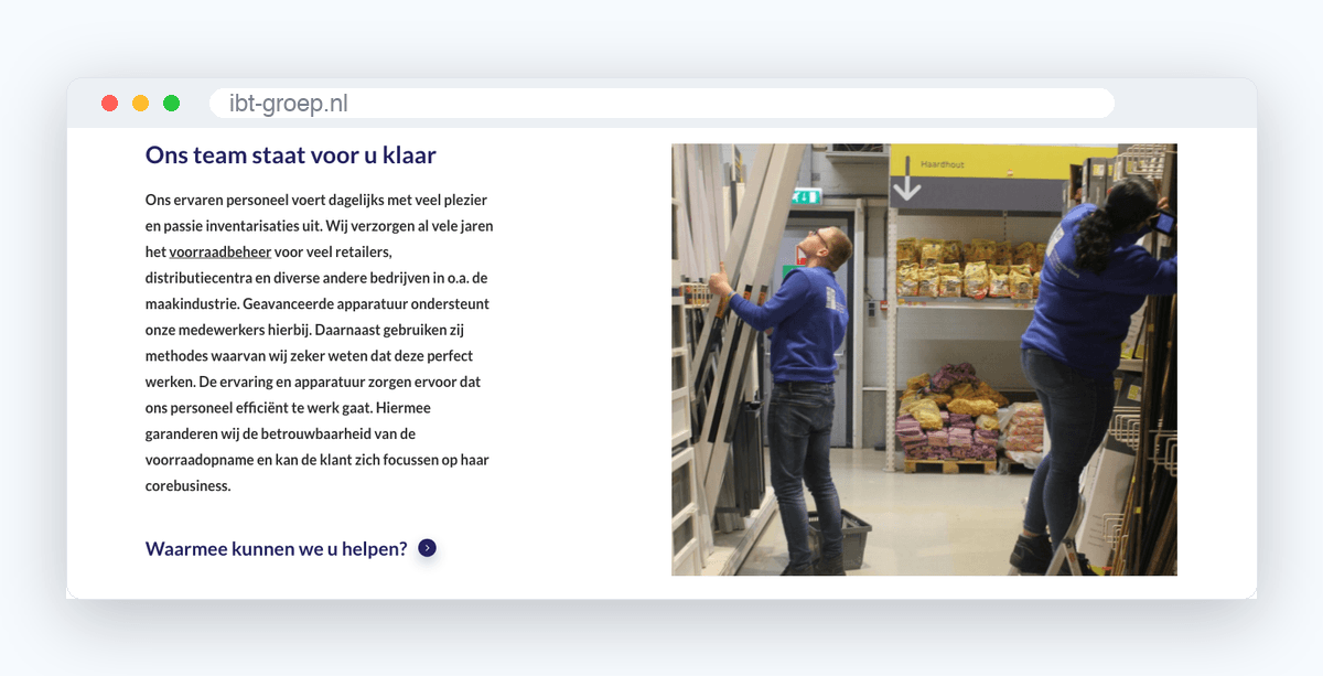 Website van IBT-Groep, schermafbeelding uit de klantcase