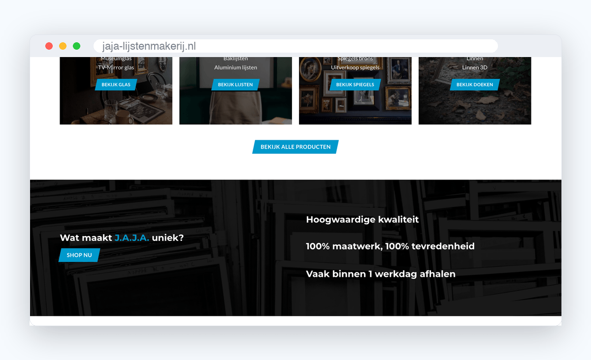 Website van J.A.J.A. Lijstenmakerij, schermafbeelding uit de klantcase