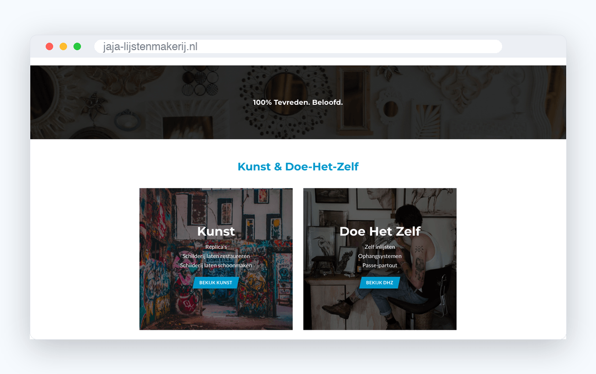 Website van J.A.J.A. Lijstenmakerij, schermafbeelding uit de klantcase