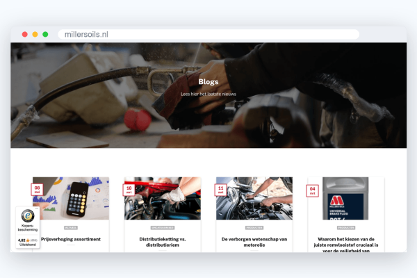 Website van Millers Oils, schermafbeelding uit de klantcase
