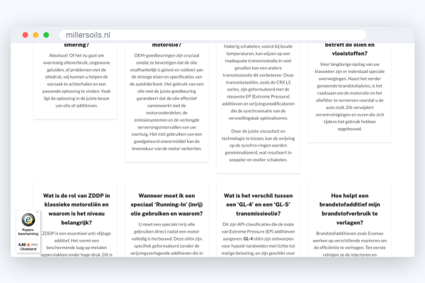 Website van Millers Oils, schermafbeelding uit de klantcase