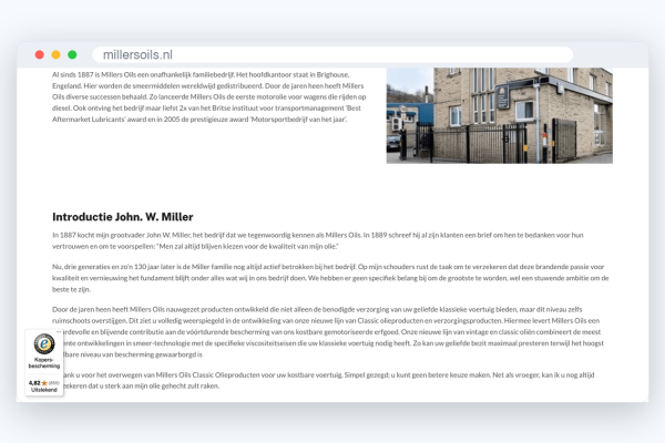 Website van Millers Oils, schermafbeelding uit de klantcase