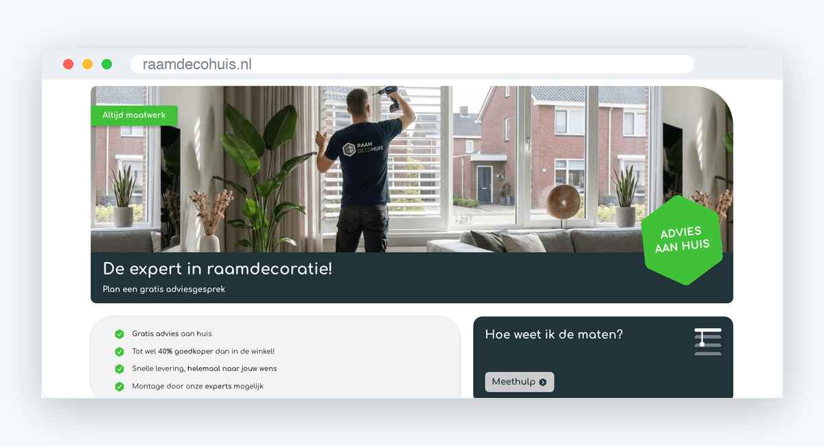 Website van Raamdecohuis, schermafbeelding uit de klantcase