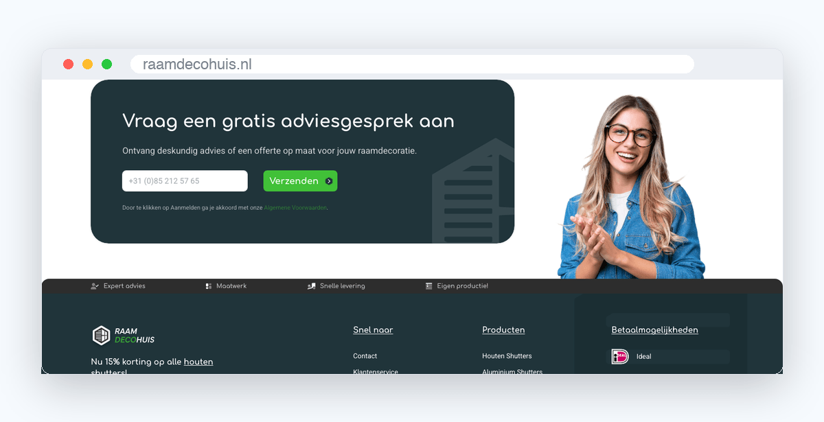 Website van Raamdecohuis, schermafbeelding uit de klantcase