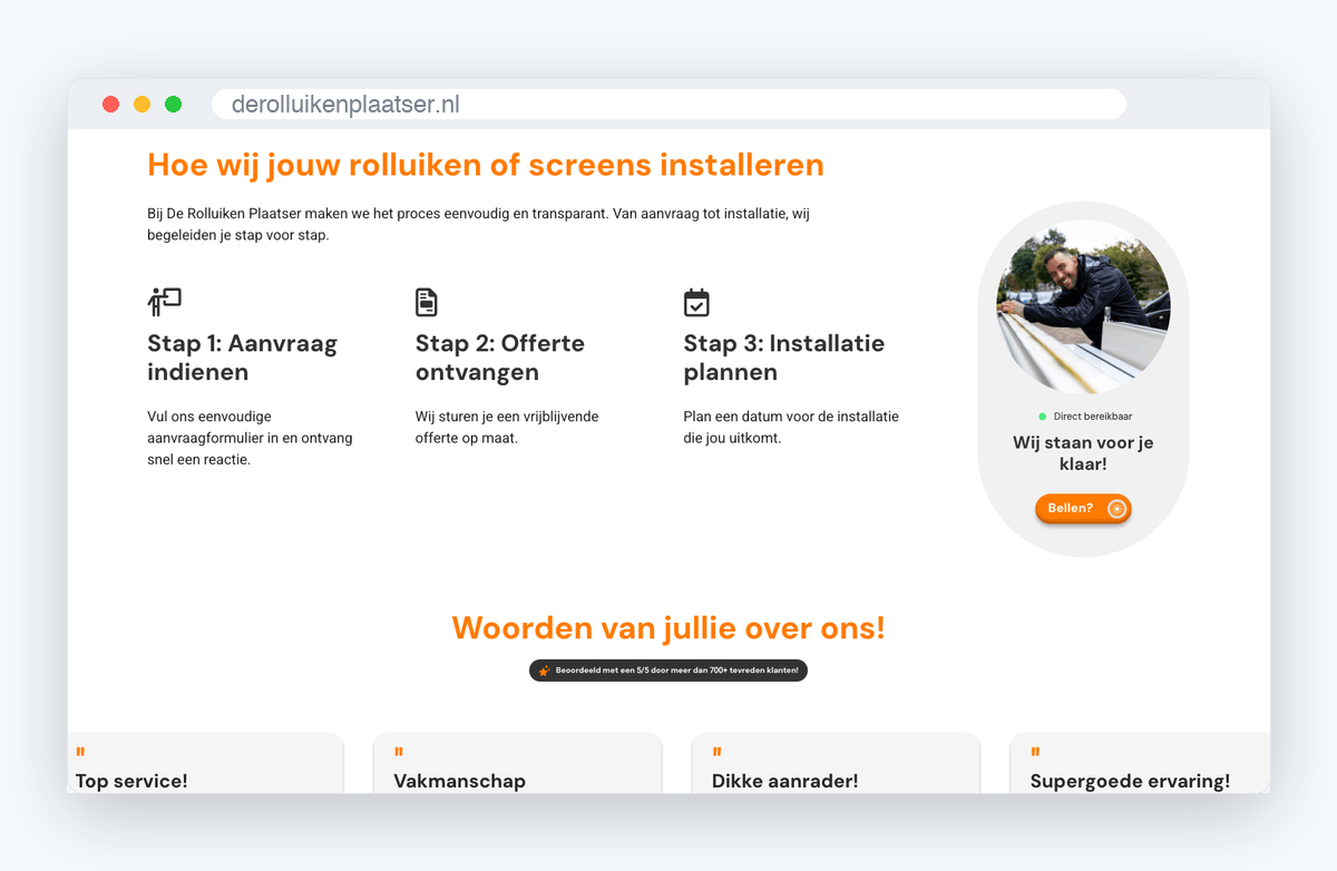 Website van De Rolluikenplaatser, schermafbeelding uit de klantcase