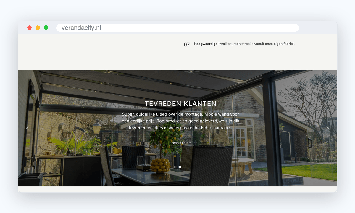 Website van Veranda City, schermafbeelding uit de klantcase