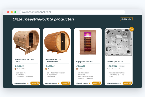 Website van Wellnesshuis Benelux, schermafbeelding uit de klantcase