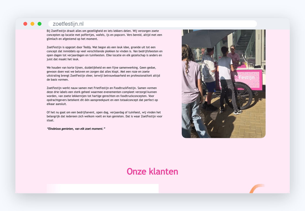 Website van ZoetFestijn, schermafbeelding uit de klantcase