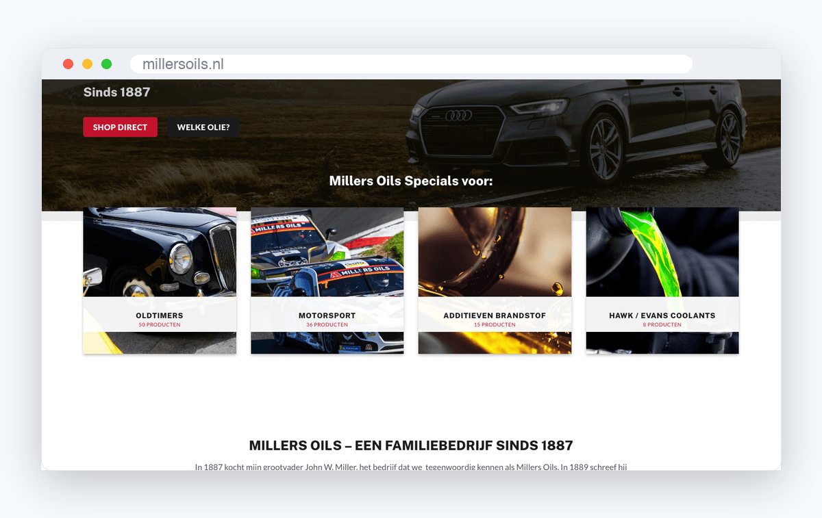 Website van Millers Oils, schermafbeelding uit de klantcase
