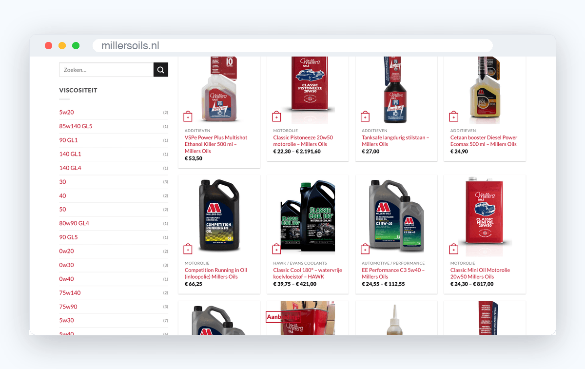 Website van Millers Oils, schermafbeelding uit de klantcase