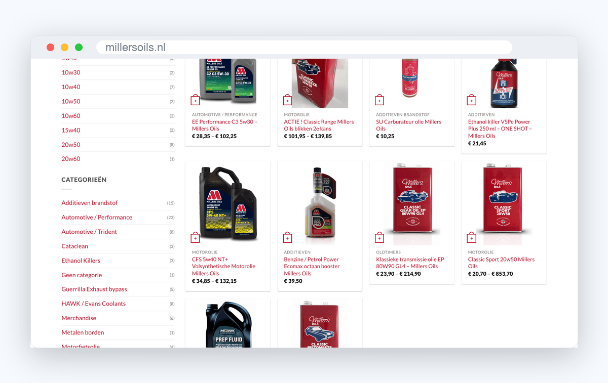 Website van Millers Oils, schermafbeelding uit de klantcase