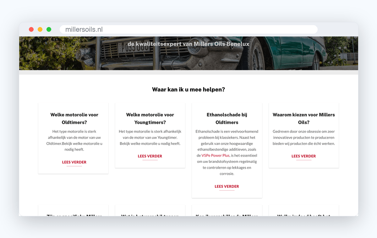 Website van Millers Oils, schermafbeelding uit de klantcase