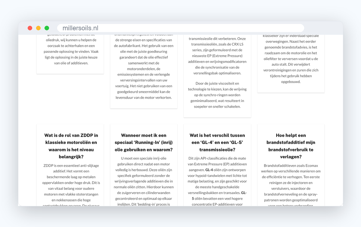 Website van Millers Oils, schermafbeelding uit de klantcase