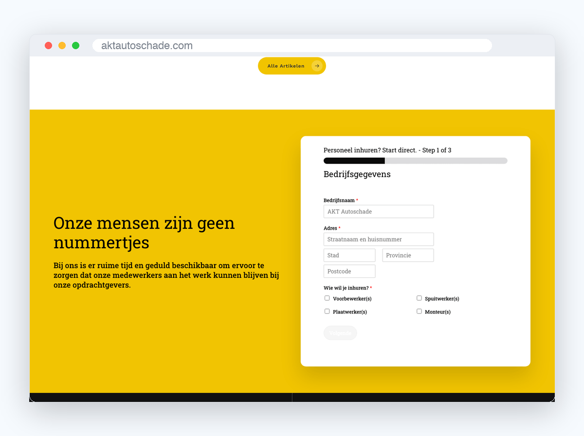 Website van AKT Autoschade, schermafbeelding uit de klantcase