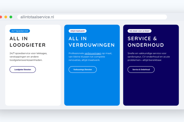 Drie dienstkaarten op allintotaalservice.nl: All In Loodgieter, All In Verbouwingen en Service & Onderhoud