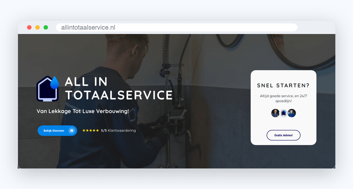 Homepage van allintotaalservice.nl met het blok Snel starten en de 24/7 spoedlijn