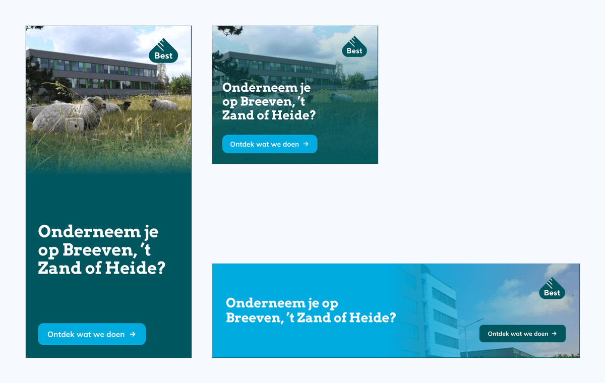 Drie HTML5-displaybanners van de lanceringscampagne voor Bedrijventerreinen Best in twee kleurvarianten