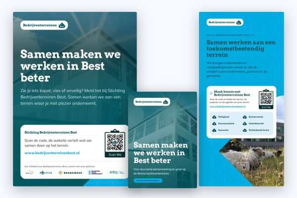 Bedrijventerreinen Best drukwerk terreinposter roll-up flyer Drukwerk lanceringscampagne Bedrijventerreinen Best: A2-terreinposter voor het sandwichbord, roll-up en A5-flyer met QR-code naar de website