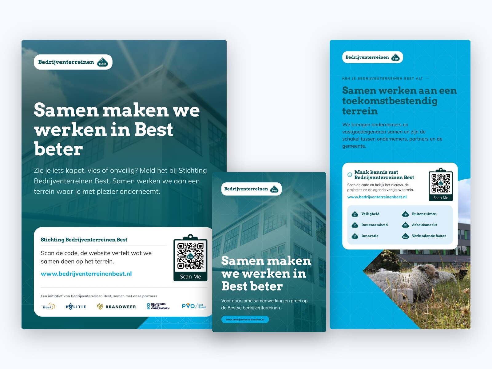 Drukwerk lanceringscampagne Bedrijventerreinen Best: A2-terreinposter voor het sandwichbord, roll-up en A5-flyer met QR-code naar de website