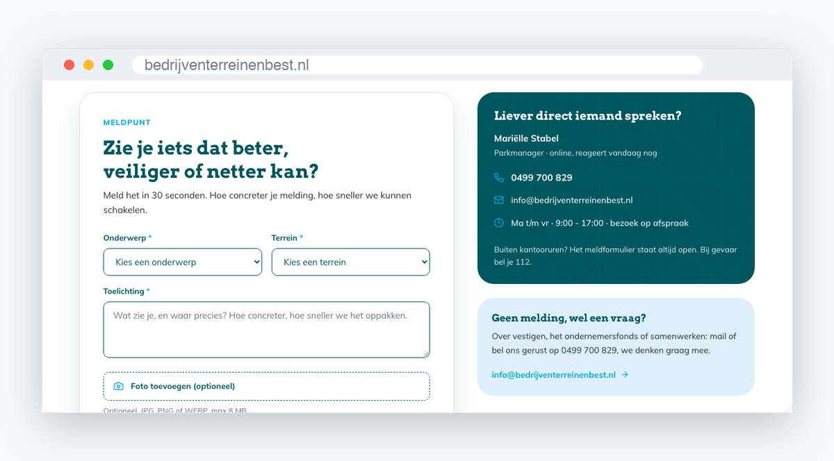 Het meldpunt op bedrijventerreinenbest.nl met onderwerp, terrein, foto-upload en het contactblok van de parkmanager