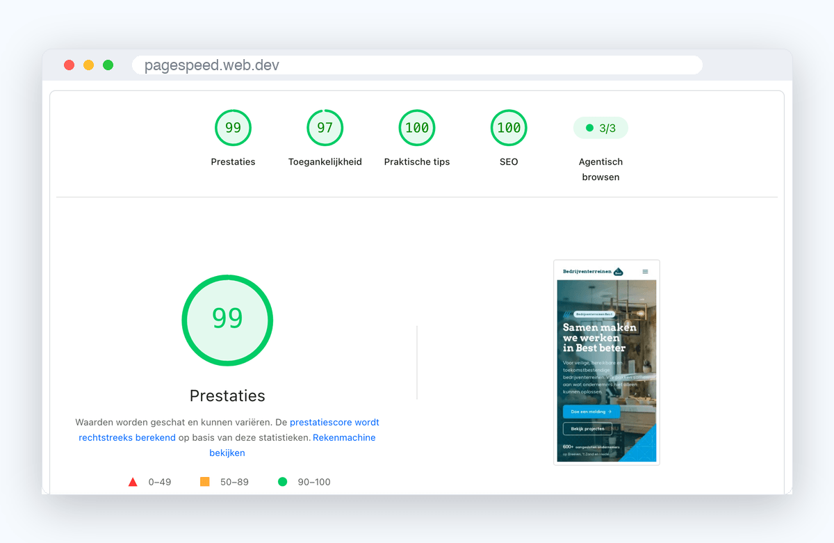 PageSpeed Insights van bedrijventerreinenbest.nl op mobiel: prestaties 99, toegankelijkheid 97, best practices 100, SEO 100