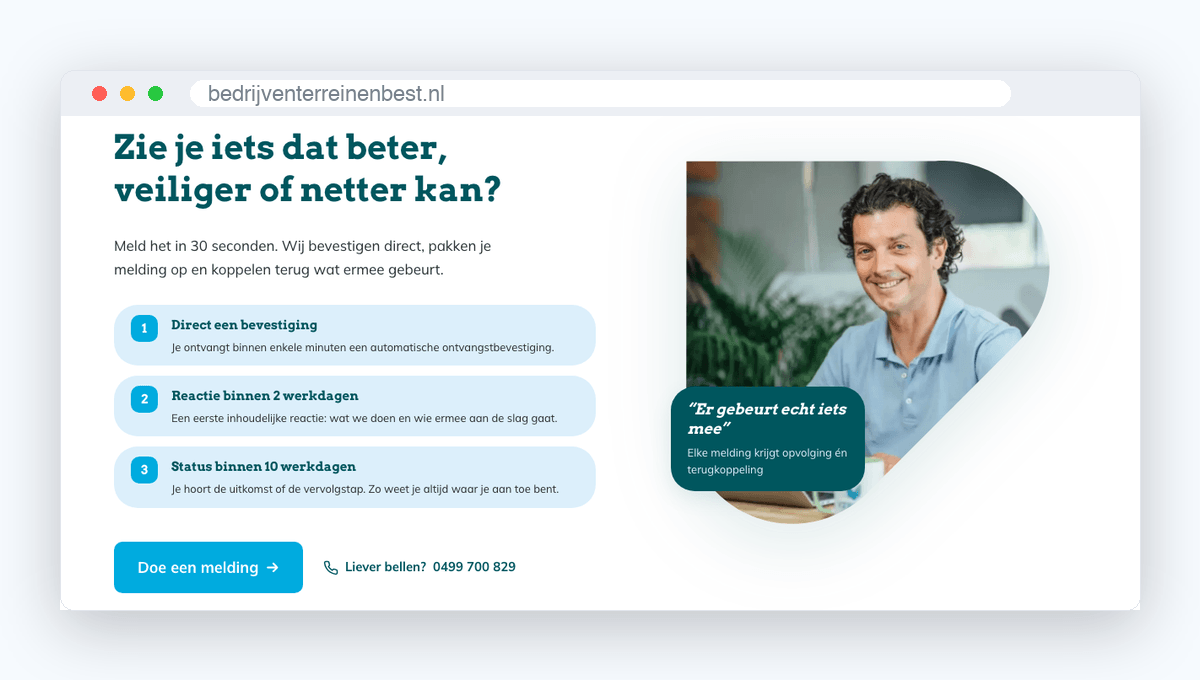 De drie servicelevels van het meldpunt op bedrijventerreinenbest.nl: bevestiging, reactie binnen 2 werkdagen, status binnen 10 werkdagen