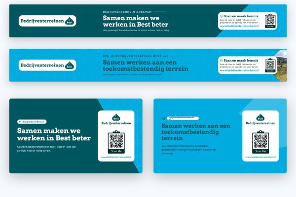 Bedrijventerreinen Best spandoeken per terrein en schermframes Spandoeken van 7,3 meter per terrein en digitale schermframes voor de lancering van Bedrijventerreinen Best