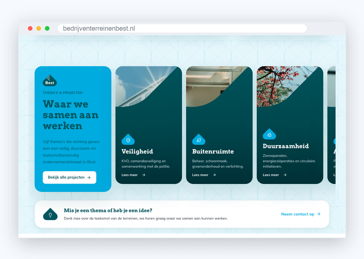 Themakaarten in plectrumvorm op bedrijventerreinenbest.nl: veiligheid, buitenruimte, duurzaamheid