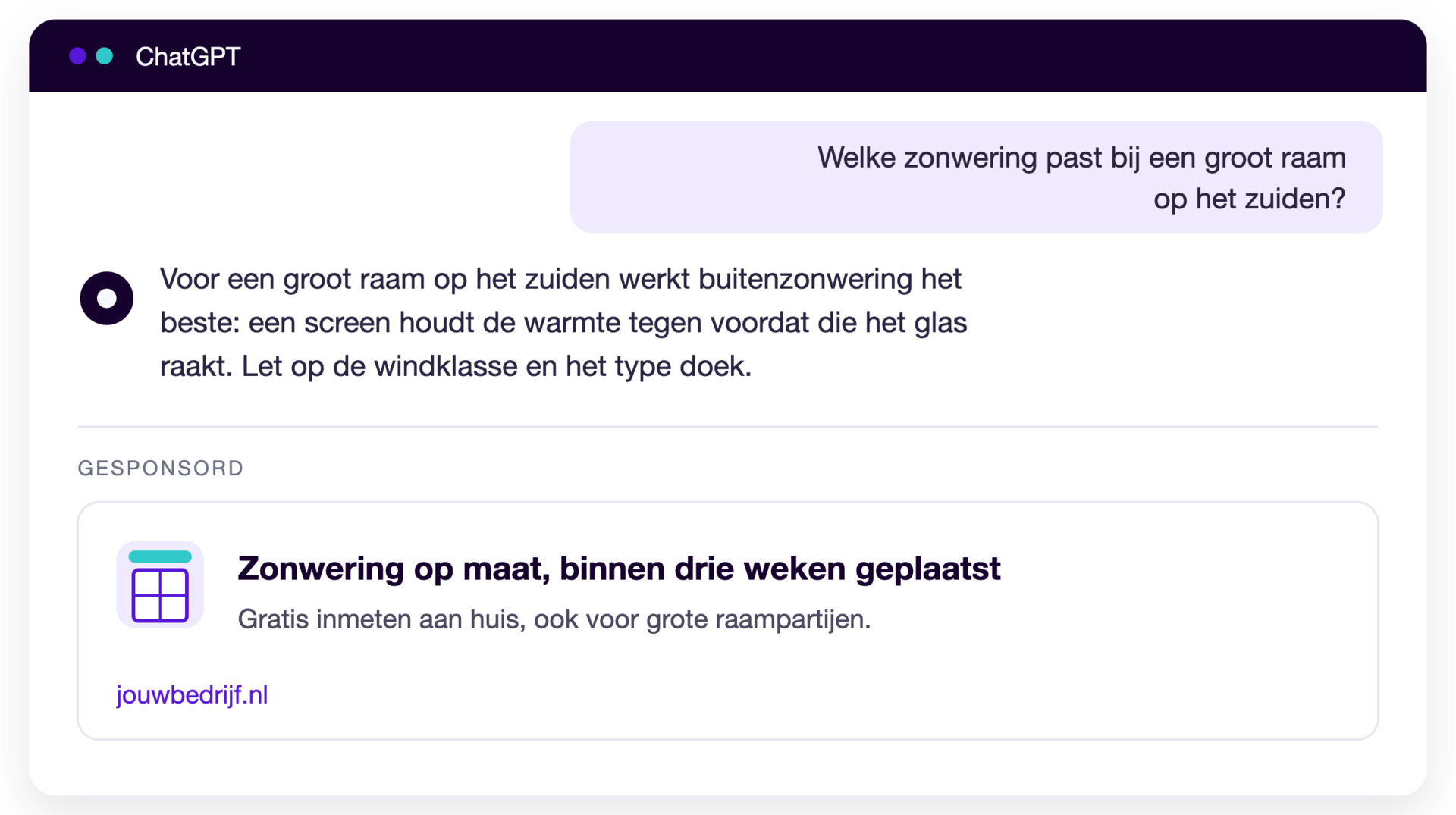 Voorbeeld van een advertentie in ChatGPT: onder het antwoord een gesponsord blok met beeld, kop, omschrijving en website