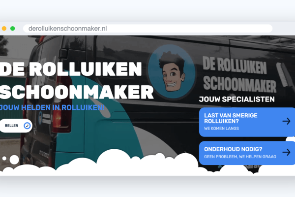 Homepage van derolluikenschoonmaker.nl met de mascotte en de specialisten