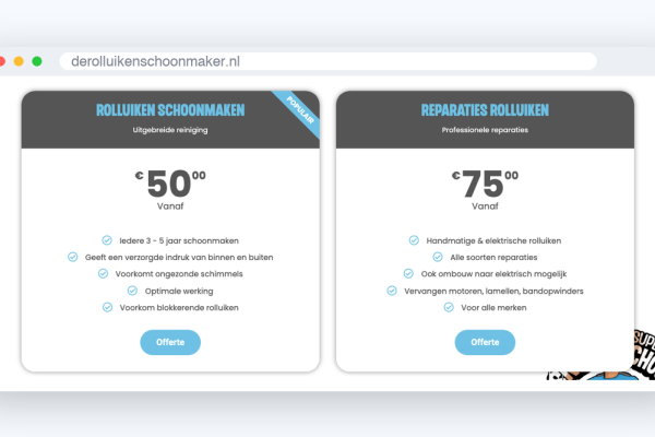 Prijzenpagina van De Rolluiken Schoonmaker met vanafprijzen voor schoonmaken en reparatie