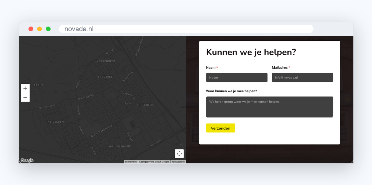 Contactformulier met kaart van Best op novada.nl