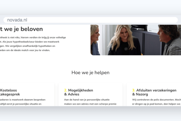 Hypotheekadviespagina van Novada met de stappen intakegesprek, advies en afsluiten