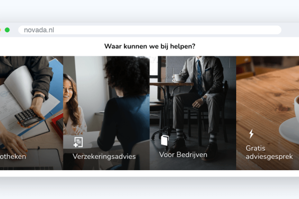 Vier tegels op novada.nl: hypotheken, verzekeringsadvies, voor bedrijven en gratis adviesgesprek