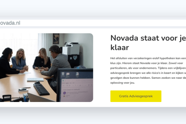 Blok Novada staat voor je klaar met teamfoto en knop gratis adviesgesprek