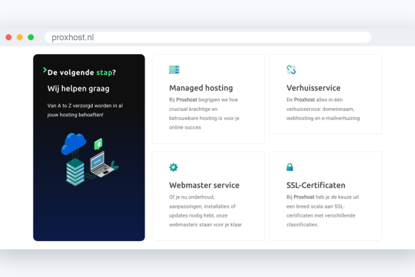 Vier diensten op proxhost.nl: managed hosting, verhuisservice, webmaster service en SSL-certificaten