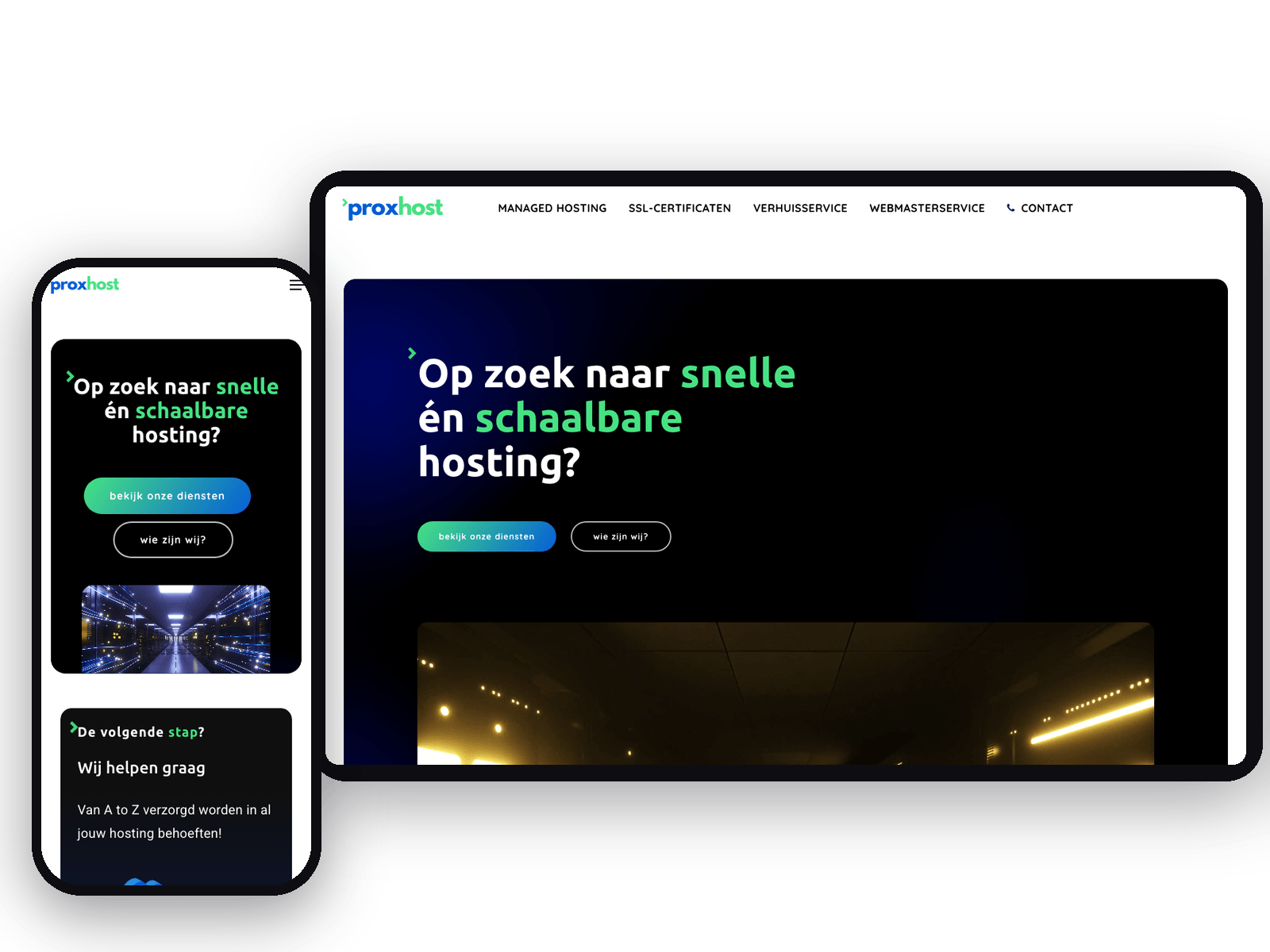 Homepage van proxhost.nl met menu op tablet en telefoon