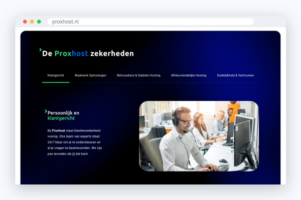 De Proxhost zekerheden in vijf tabbladen op proxhost.nl