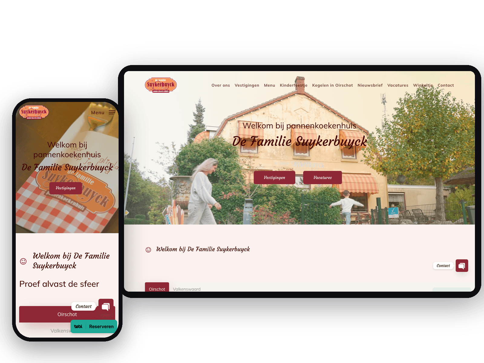Homepage van suykerbuyck.nl met menu op tablet en telefoon