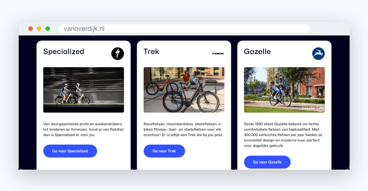 Merkenpagina van Van Overdijk Tweewielers met Specialized, Trek en Gazelle