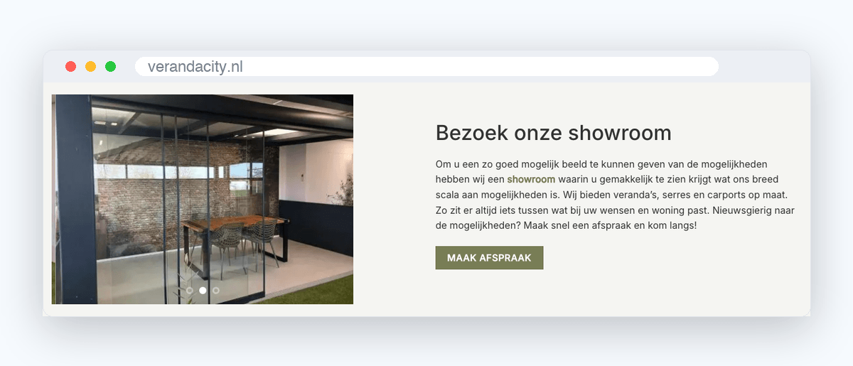Blok Bezoek onze showroom op verandacity.nl