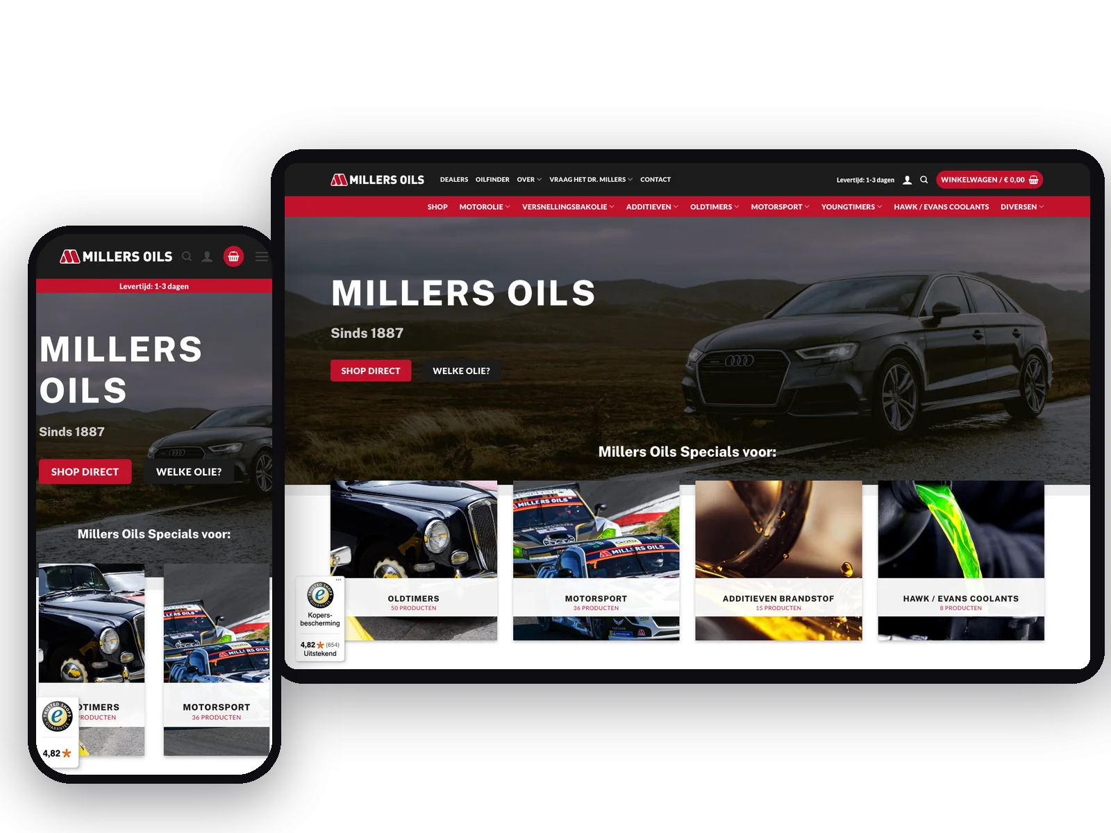 Website van Millers Oils, schermafbeelding uit de klantcase