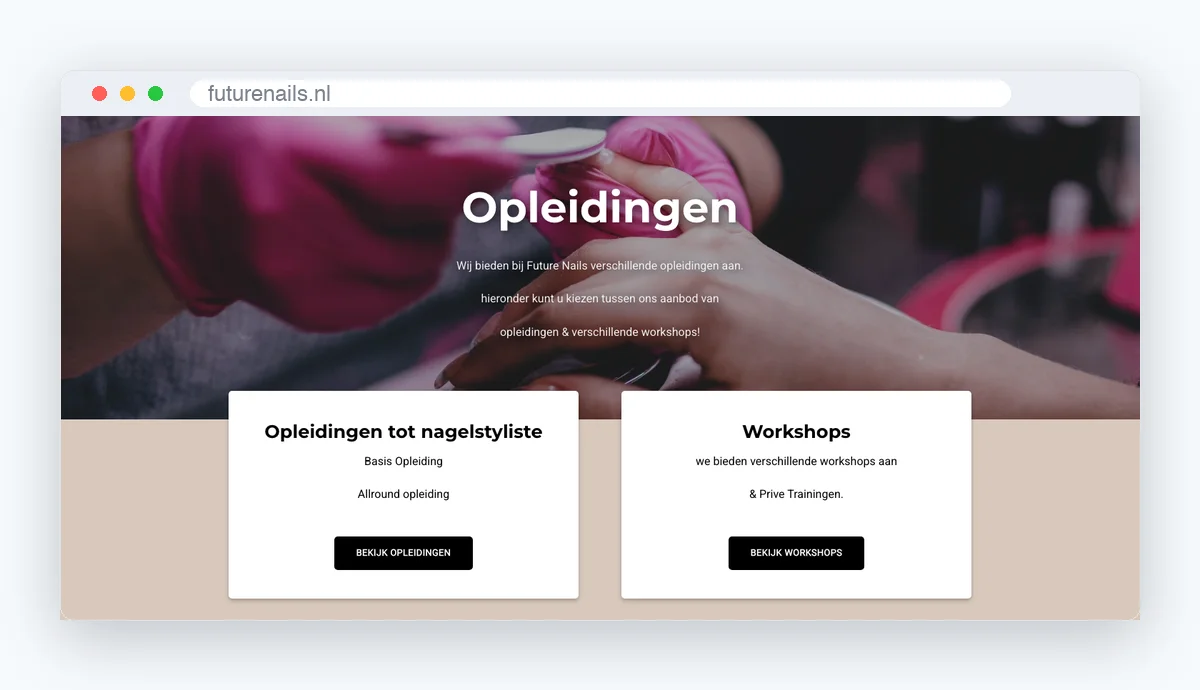 Website van Future Nails, schermafbeelding uit de klantcase