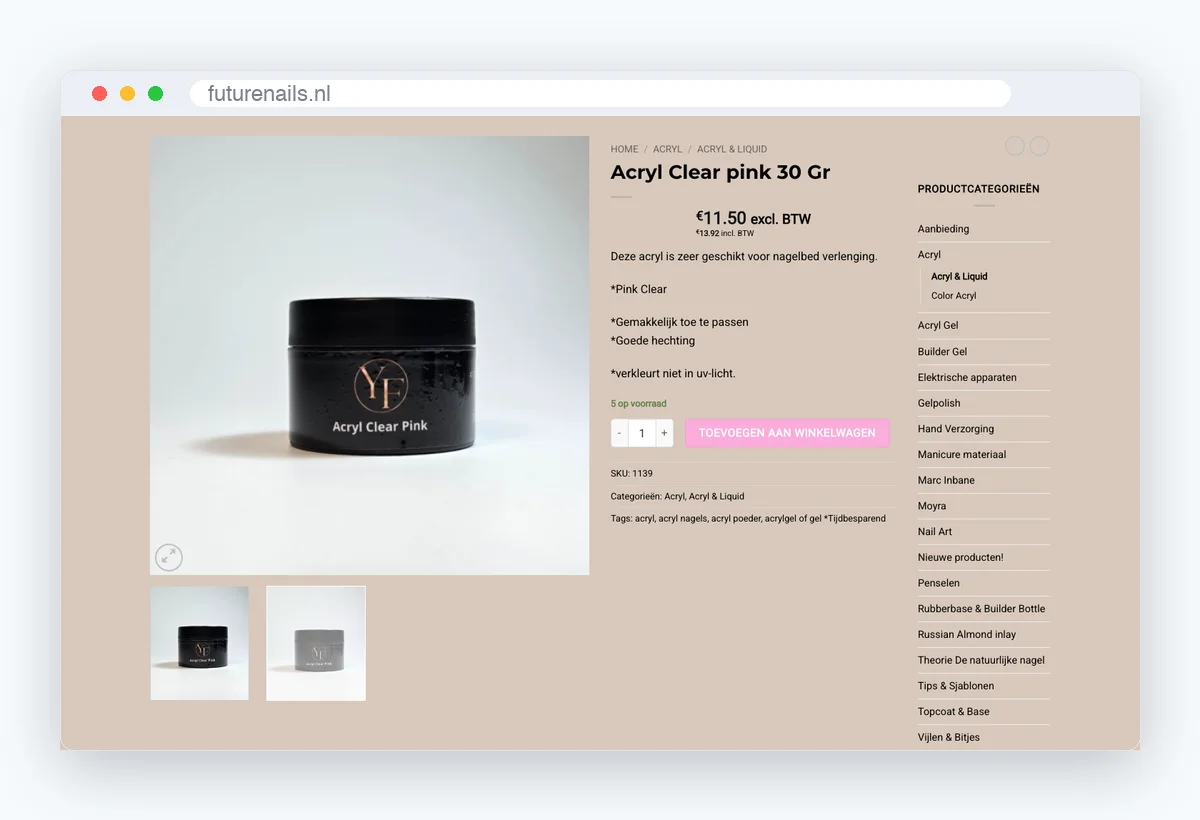 Website van Future Nails, schermafbeelding uit de klantcase