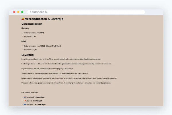 Website van Future Nails, schermafbeelding uit de klantcase