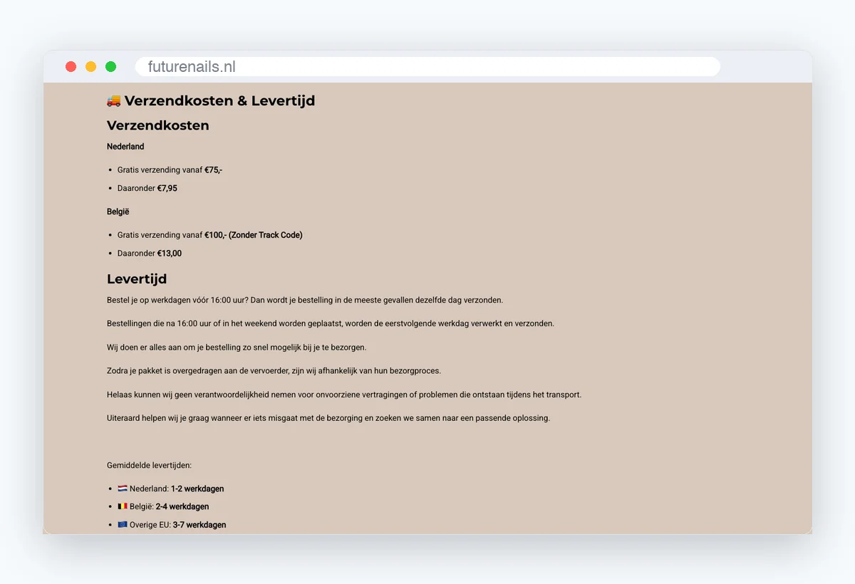 Website van Future Nails, schermafbeelding uit de klantcase